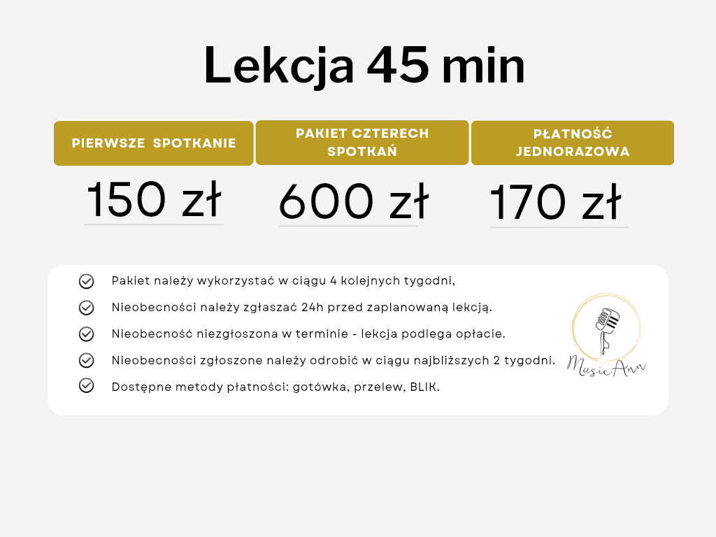 Koszt lekcji śpiewu w Krakowie w 2026 roku. Ile kosztuje indywidualna lekcja śpiewu w Krakowie? Zapraszam do zapoznania się z aktualnym cennikiem zajęć wokalnych w Krakowie na 2026 rok.